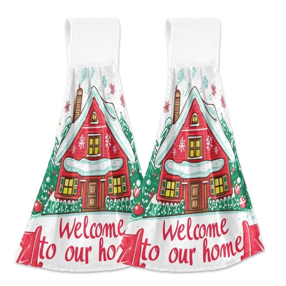 Welcome Sign Christmas Style Hanging Towels with Loop Hand Towels Nylon Fastener Tape Design Dish Cloths 2 Pieces