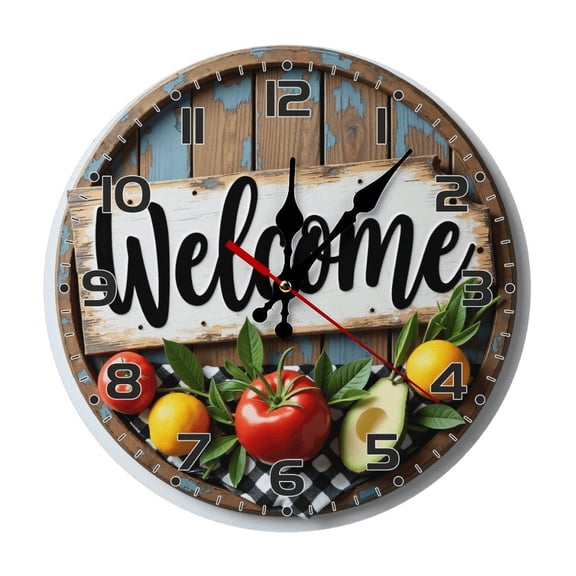 Welcome Sign Farm Sign Kitchen Decor Wall Clock 10 Inch Silent Non Ticking Round Wooden Clock Decoration for Living Room Kitchen Bedroom Bathroom Office Classroom