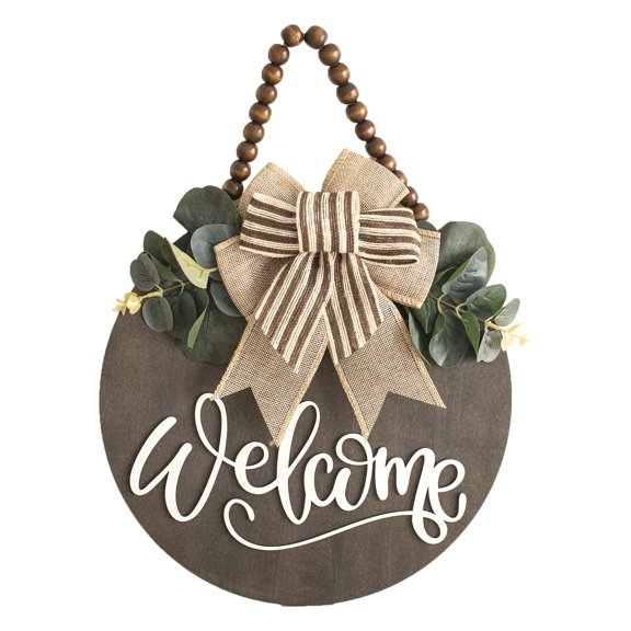 Welcome Sign for Front Door 12 in Wreath Decorations for All Seasons Brown | 3D Round, Wooden Bead Chain, Front Porch signs Decor Hanging for Farmhuose Home Outdoor Office Store