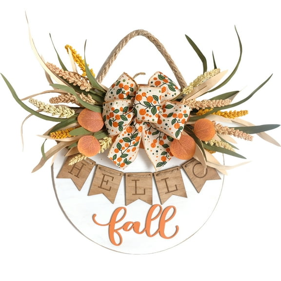 Welcome Sign for Front Door 13'' Wood Wreath Farmhouse Door Sign for Front Door Porch Decor with Fall Eucalyptus Longifolia Leaves, Berry & Buffalo Bow