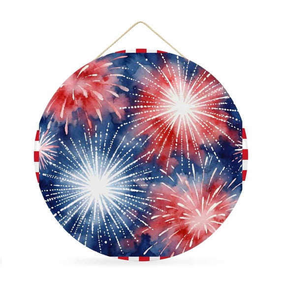 Welcome Sign for Front Door,4th of July Round Metal Welcome Front Porch Decor,Independence Day Patriotic Fireworks Red Plaid Wall Hanging Sign for Living Room Kitchen Hallway Housewarming Gift 12''