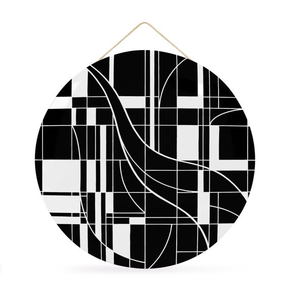 Welcome Sign for Front Door, Abstract Geometric Round Metal Wall Art Wreaths, Modern Minimalist Grid Lines Black Outdoor Indoor Wall Hanging Sign for Porch Decor Housewarming Gifts 11.8 Inch