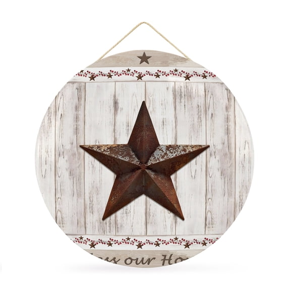 Welcome Sign for Front Door,American Country Round Metal Welcome Front Porch Decoration,Farmhouse Barn Star Brown Berry Wall Hanging Sign for Living Room Kitchen Hallway Housewarming Gift 12''