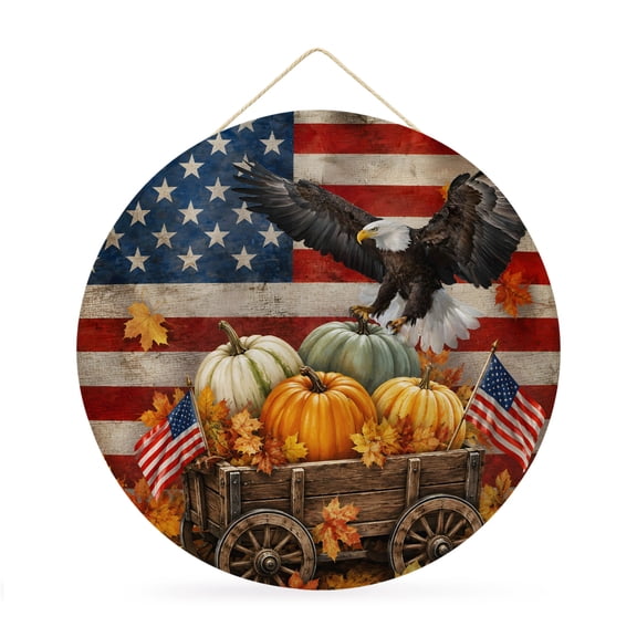 Welcome Sign for Front Door, American Flag Fall Round Metal Wall Art Wreaths, USA Striped Pumpkins Maple Leaves Outdoor Indoor Wall Hanging Sign for Porch Decor Housewarming Gifts 11.8 Inch