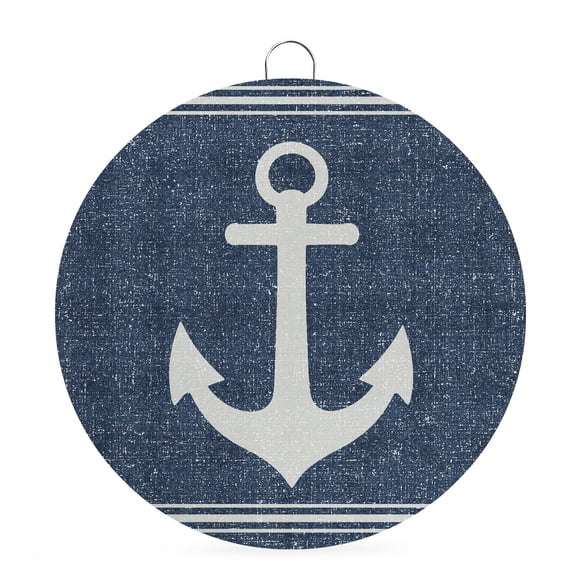 Welcome Sign for Front Door, Anchor Nautical Round Metal Wall Art Wreaths, Vintage Coastal Striped Navy Blue Outdoor Indoor Wall Hanging Sign for Porch Decor Housewarming Gifts 5.9 Inch