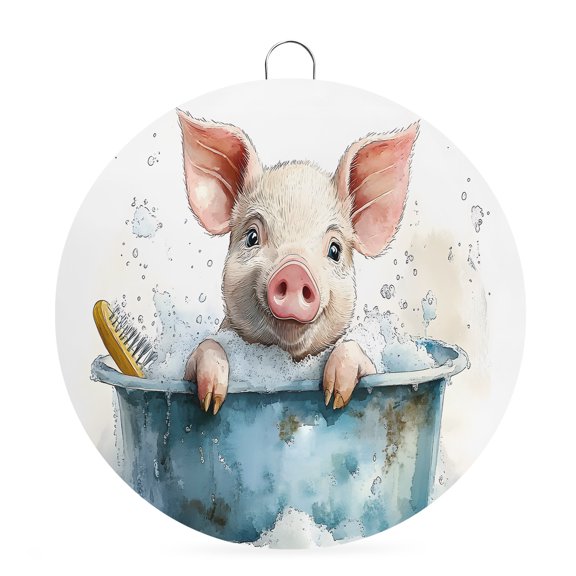 Welcome Sign for Front Door,Bathtub Cute Pig Round Metal Welcome Front Porch Decoration,Funny Animal Modern Splash Ink Art Wall Hanging Sign for Living Room Kitchen Hallway Housewarming Gift 6''