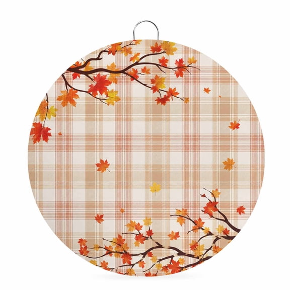 Welcome Sign for Front Door, Beige Checkered Fall Round Metal Wall Art Wreaths, Thanksgiving Maple Leaves Outdoor Indoor Wall Hanging Sign for Porch Decor Housewarming Gifts 5.9 Inch