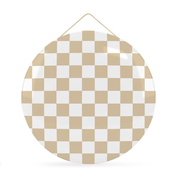 Welcome Sign for Front Door, Beige Checkered Round Metal Wall Art Wreaths, Geometric Cream Buffalo Plaid Outdoor Indoor Wall Hanging Sign for Porch Decor Housewarming Gifts 11.8 Inch