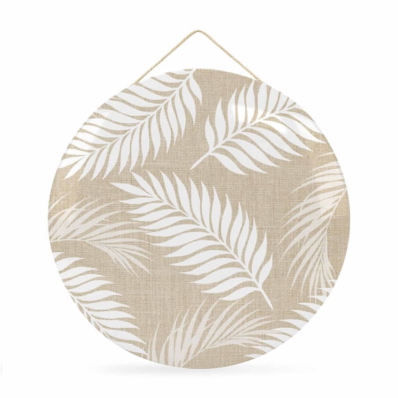 Welcome Sign for Front Door, Beige Leaves Round Metal Wall Art Wreaths, Summer Coastal Botanical Plants Vintage Outdoor Indoor Wall Hanging Sign for Porch Decor Housewarming Gifts 11.8 Inch