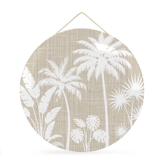 Welcome Sign for Front Door, Beige Palm Trees Round Metal Wall Art Wreaths, Tropical Retro Summer Botanical Outdoor Indoor Wall Hanging Sign for Porch Decor Housewarming Gifts 11.8 Inch
