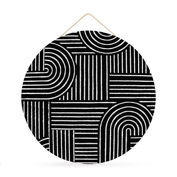 Welcome Sign for Front Door, Black Boho Round Metal Wall Art Wreaths, Abstract Geometric Curves Lines Mminimalist Outdoor Indoor Wall Hanging Sign for Porch Decor Housewarming Gifts 11.8 Inch