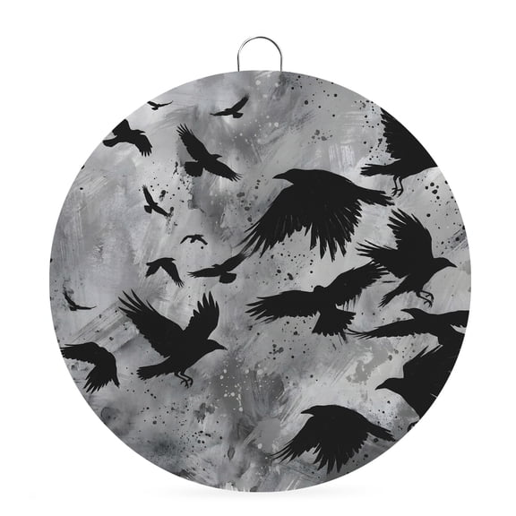 Welcome Sign for Front Door,Black Crow Birds Round Metal Welcome Front Porch Decoration,Abstract Spooky Grey Sky Wings Entryway Wall Hanging Sign for Living Room Kitchen Hallway Housewarming Gift 6''