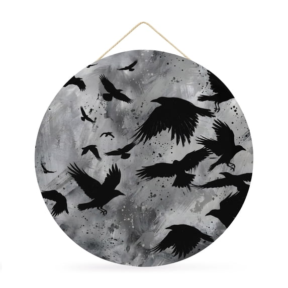 Welcome Sign for Front Door,Black Crow Birds Round Metal Welcome Front Porch Decoration,Abstract Spooky Grey Sky Wings Wall Hanging Sign for Living Room Kitchen Hallway Housewarming Gift 12''