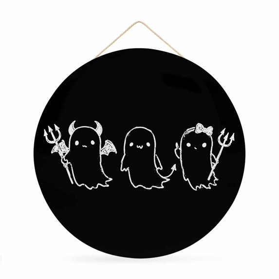 Welcome Sign for Front Door, Black Halloween Round Metal Wall Art Wreaths, Funny Ghost Cute Cartoon Spooky Outdoor Indoor Wall Hanging Sign for Porch Decor Housewarming Gifts 11.8 Inch