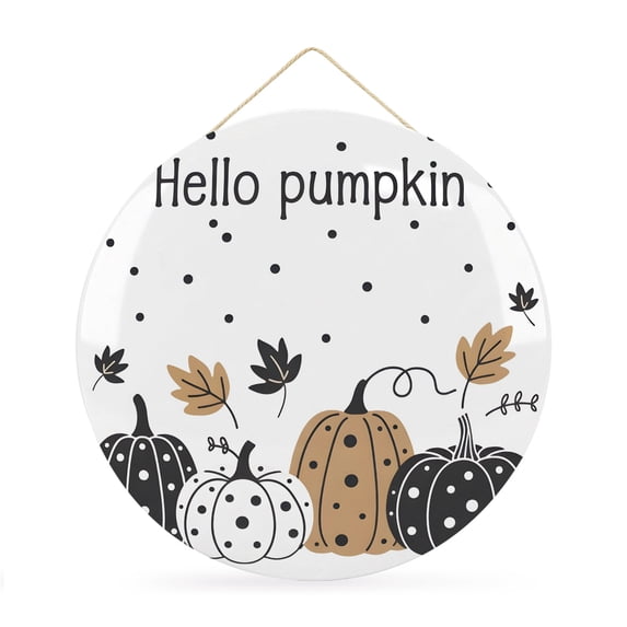 Welcome Sign for Front Door, Black Pumpkin 12 Inch Round Metal Sign for Home Decoration, Fall Brown Thanksgiving White Dot Leaf Decorative Wall Signs for Holiday Party Supplies Decor
