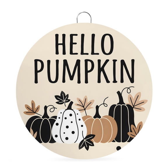 Welcome Sign for Front Door, Black Pumpkin 6 Inch Round Metal Sign for Home Decoration, Fall Thanksgiving Brown Maple Leaves Decorative Wall Signs for Holiday Party Supplies Decor