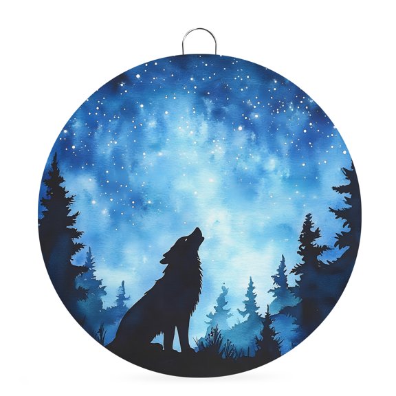 Welcome Sign for Front Door,Black Wolf Silhouette Round Metal Welcome Front Porch Decoration,Abstract Starry Night Forest Wall Hanging Sign for Living Room Kitchen Hallway Housewarming Gift 6''