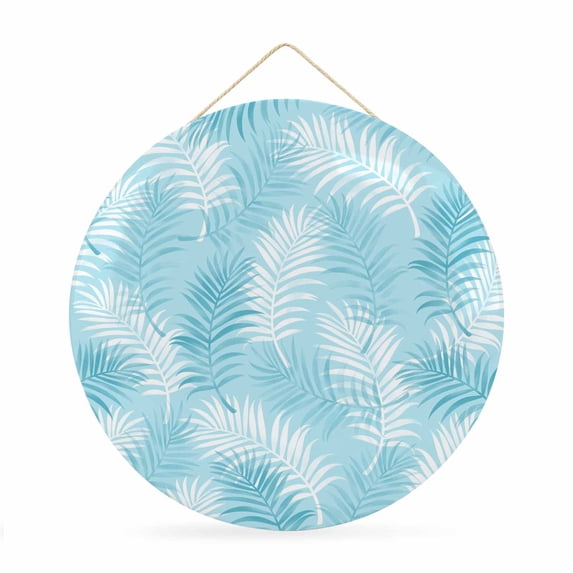 Welcome Sign for Front Door, Blue Botanical Round Metal Wall Art Wreaths, Summer Palm Leaves Foliage Tropical Outdoor Indoor Wall Hanging Sign for Porch Decor Housewarming Gifts 11.8 Inch