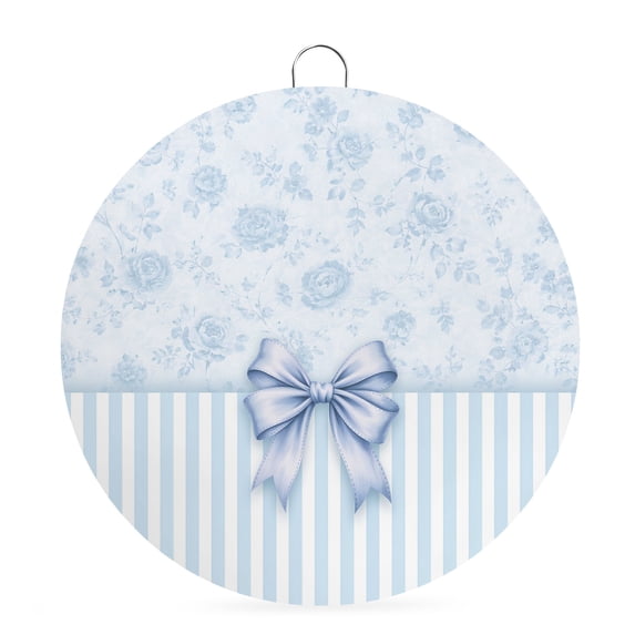 Welcome Sign for Front Door, Blue Bow Round Metal Wall Art Wreaths, Farmhouse Roses Floral Stripes Rustic Modern Outdoor Indoor Wall Hanging Sign for Porch Decor Housewarming Gifts 5.9 Inch