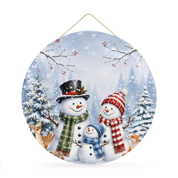 Welcome Sign for Front Door, Blue Christmas Snowman Round Metal Wall Art Wreaths, Winter Xmas Tree Cardinal on Branch Outdoor Indoor Wall Hanging Sign for Porch Decor Housewarming Gifts 11.8 Inch