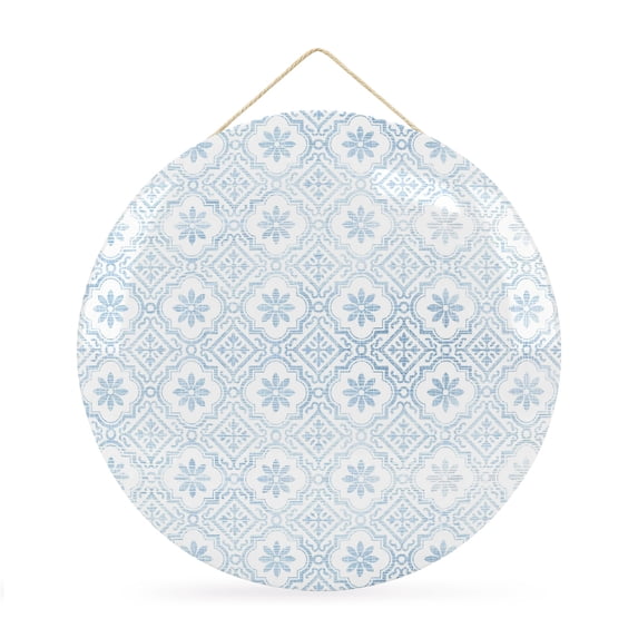 Welcome Sign for Front Door, Blue Petals Round Metal Wall Art Wreaths, Abstract Floral Grids Boho Mediterranean Outdoor Indoor Wall Hanging Sign for Porch Decor Housewarming Gifts 11.8 Inch