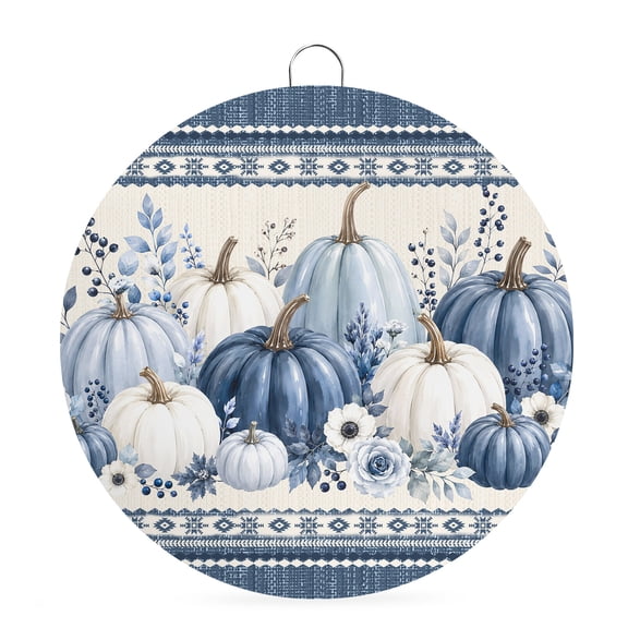 Welcome Sign for Front Door, Blue Pumpkins Fall Round Metal Wall Art Wreaths, Thanksgiving Autumn Eucalyptus Flowers Outdoor Indoor Wall Hanging Sign for Porch Decor Housewarming Gifts 5.9 Inch
