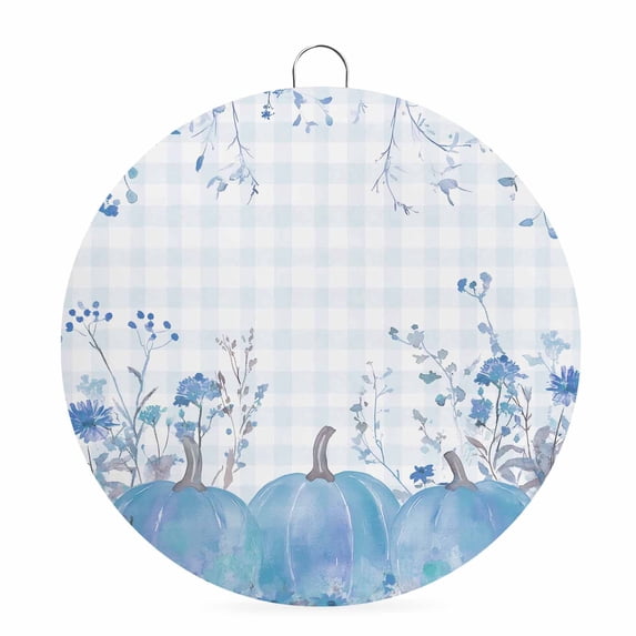 Welcome Sign for Front Door, Blue Pumpkins Round Metal Wall Art Wreaths, Thanksgiving Maple Leaf Harvest Retro Plaid Outdoor Indoor Wall Hanging Sign for Porch Decor Housewarming Gifts 5.9 Inch
