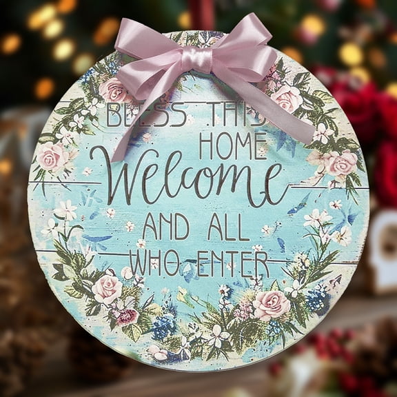 Welcome Sign for Front Door Blue Round Wooden Door Sign Spring Summer Wreath Farmhouse Porch Outdoor Wall Decoration Holiday Party Festival Home Decor