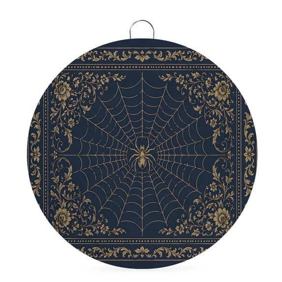 Welcome Sign for Front Door, Blue Spiders Web Halloween Round Metal Wall Art Wreaths, Vintage Floral Luxury Abstract Outdoor Indoor Wall Hanging Sign for Porch Decor Housewarming Gifts 7.9 Inch