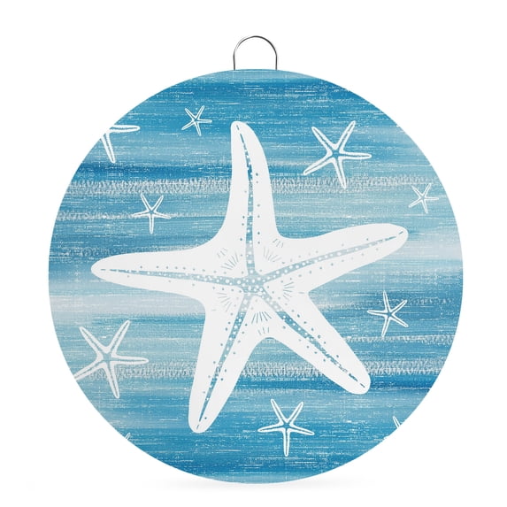 Welcome Sign for Front Door, Blue Starfish Round Metal Wall Art Wreaths, Coastal Beach Summer Ocean Nautical Gradient Outdoor Indoor Wall Hanging Sign for Porch Decor Housewarming Gifts 7.9 Inch