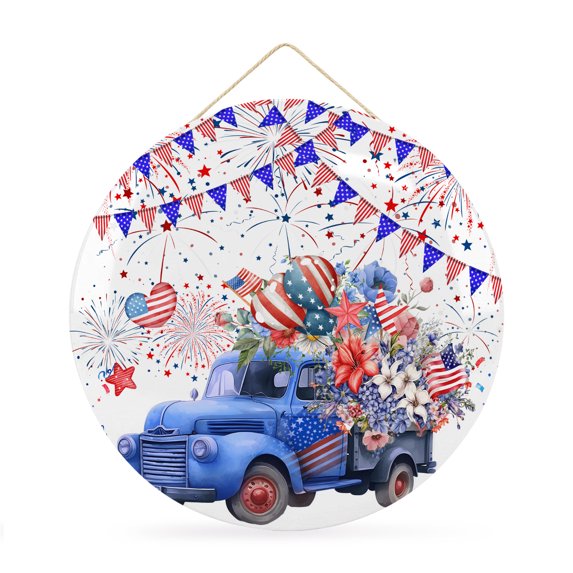 Welcome Sign for Front Door,Blue Truck 4th of July Round Metal Welcome Front Porch Decoration,Blue Red Floral Star Fireworks Wall Hanging Sign for Living Room Kitchen Hallway Housewarming Gift 12''