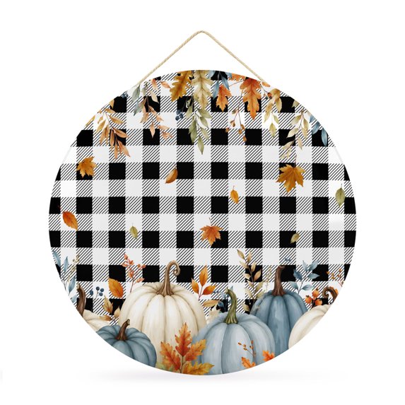 Welcome Sign for Front Door, Blue White Pumpkins Fall Round Metal Wall Art Wreaths, Thanksgiving Maple Leaf Plaid Outdoor Indoor Wall Hanging Sign for Porch Decor Housewarming Gifts 11.8 Inch