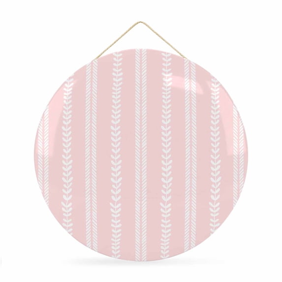 Welcome Sign for Front Door, Boho Leaves Round Metal Wall Art Wreaths, Pink Abstract Modern Retro Stripes Outdoor Indoor Wall Hanging Sign for Porch Decor Housewarming Gifts 11.8 Inch