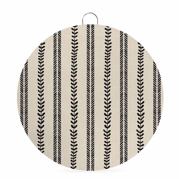 Welcome Sign for Front Door, Boho Leaves Round Metal Wall Art Wreaths, Retro Brown Abstract Modern Black Stripes Outdoor Indoor Wall Hanging Sign for Porch Decor Housewarming Gifts 7.9 Inch
