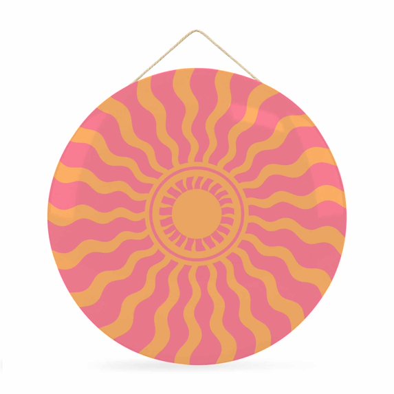 Welcome Sign for Front Door, Boho Sun Round Metal Wall Art Wreaths, Vintage Abstract Minimalist Sunshine Lines Pink Outdoor Indoor Wall Hanging Sign for Porch Decor Housewarming Gifts 11.8 Inch