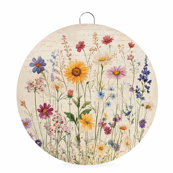 Welcome Sign for Front Door,Botanical Floral Round Metal Welcome Front Porch Decoration,Retro Purple Pink Yellow Wildflowers Wall Hanging Sign for Living Room Kitchen Hallway Housewarming Gift 8''