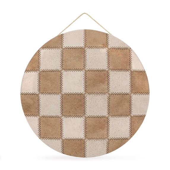 Welcome Sign for Front Door,Brown Beige Checkered Round Metal Welcome Front Porch Decoration,Modern Farmhouse Plaid Burlap Wall Hanging Sign for Living Room Kitchen Hallway Housewarming Gift 12''
