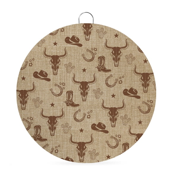 Welcome Sign for Front Door,Brown Cow Skull Round Metal Welcome Front Porch Decoration,Southwestern Vintage Cowboy Boots Burlap Wall Hanging Sign for Living Room Kitchen Hallway Housewarming Gift 6''