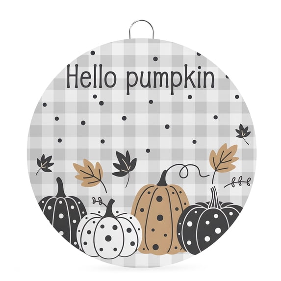 Welcome Sign for Front Door, Brown Pumpkin 8 Inch Round Metal Sign for Home Decoration, Black White Thanksgiving Fall Plaid Leaf Decorative Wall Signs for Holiday Party Supplies Decor