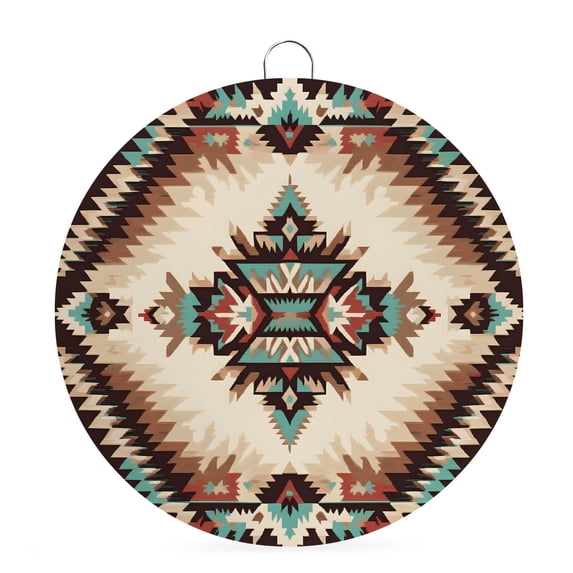 Welcome Sign for Front Door,Brown Teal Red Boho Round Metal Welcome Front Porch Decoration,Ethnic Vintage Geometric Abstract Wall Hanging Sign for Living Room Kitchen Hallway Housewarming Gift 6''