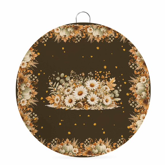 Welcome Sign for Front Door, Brown Thanksgiving Round Metal Wall Art Wreaths, Fall Country Pumpkin Flowers Herbs Outdoor Indoor Wall Hanging Sign for Porch Decor Housewarming Gifts 5.9 Inch