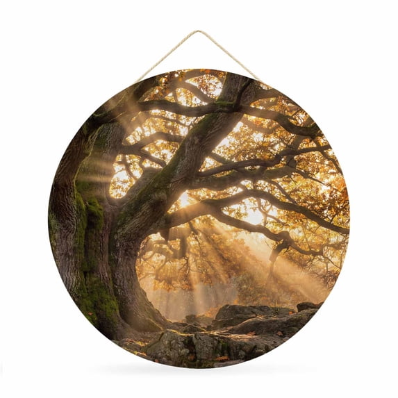 Welcome Sign for Front Door,Brown Trees Round Metal Welcome Front Porch Decoration,Vintage Rustic Forest Nature Light Scenery Wall Hanging Sign for Living Room Kitchen Hallway Housewarming Gift 12''