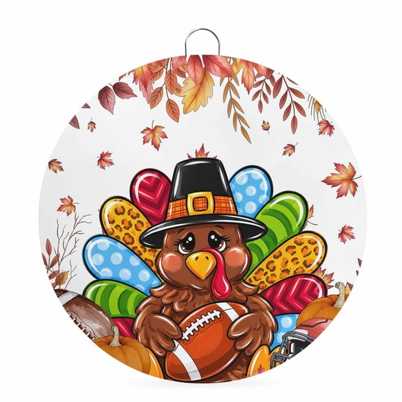 Welcome Sign for Front Door, Brown Turkey Fall Round Metal Wall Art Wreaths, Thanksgiving Botanical Pumpkins Outdoor Indoor Wall Hanging Sign for Porch Decor Housewarming Gifts 5.9 Inch
