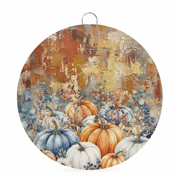 Welcome Sign for Front Door, Burnt Orange Fall Round Metal Wall Art Wreaths, Vintage Thanksgiving Blue Pumpkins Outdoor Indoor Wall Hanging Sign for Porch Decor Housewarming Gifts 5.9 Inch