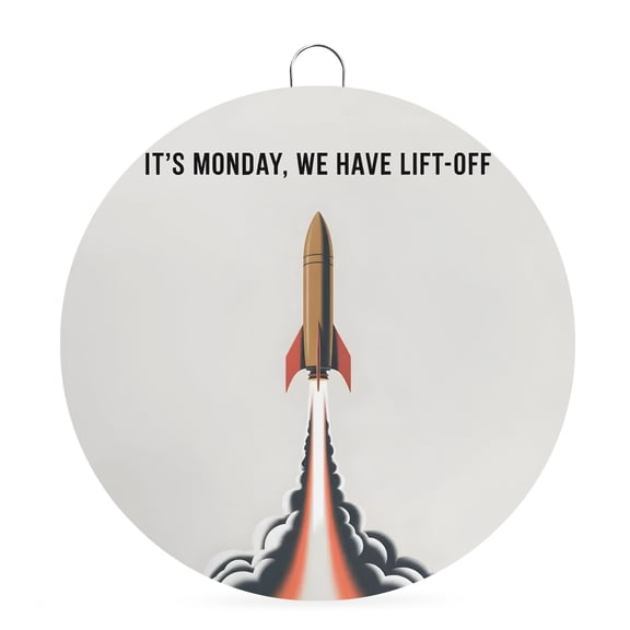Welcome Sign for Front Door, Cartoon Rockets 6 Inch Round Metal Sign for Home Decoration, Letters It's Monday We Have Lift-off Decorative Wall Signs for Holiday Party Supplies Decor