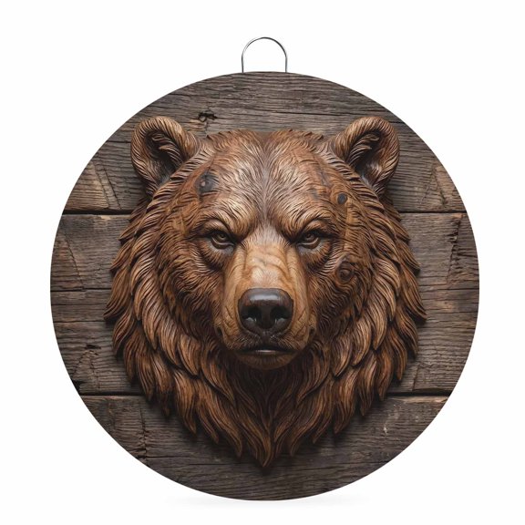 Welcome Sign for Front Door,Carved Bear Head Round Metal Welcome Front Porch Decoration,Rustic Wood Cabin Lodge Brown Entryway Wall Hanging Sign for Living Room Kitchen Hallway Housewarming Gift 8''