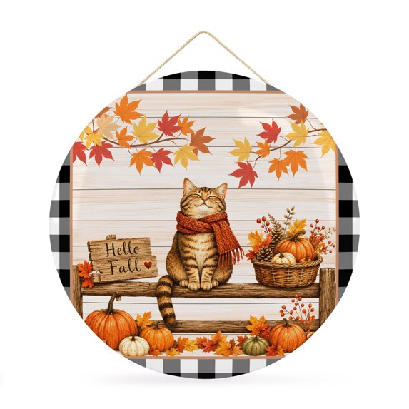 Welcome Sign for Front Door, Cat Pumpkins Fall Round Metal Wall Art Wreaths, Thanksgiving Checkered Wooden Branches Outdoor Indoor Wall Hanging Sign for Porch Decor Housewarming Gifts 11.8 Inch