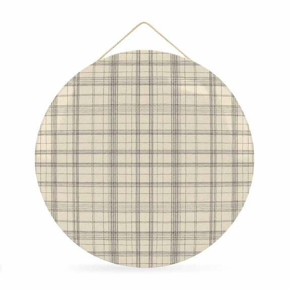 Welcome Sign for Front Door, Check Plaid Round Metal Wall Art Wreaths, Light Brown Grids Stripes Modern Minimalist Outdoor Indoor Wall Hanging Sign for Porch Decor Housewarming Gifts 11.8 Inch