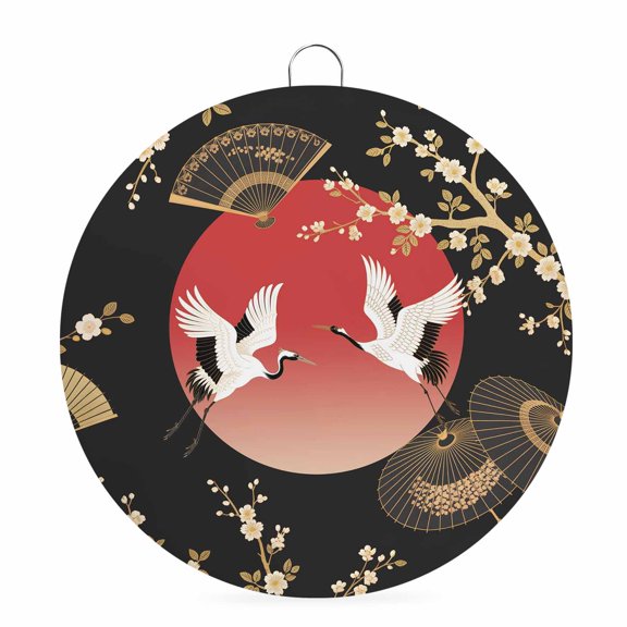 Welcome Sign for Front Door,Cherry Blossom Round Metal Welcome Front Porch Decoration,Harmony Crane Red Moon Paper Fan Entryway Wall Hanging Sign for Living Room Kitchen Hallway Housewarming Gift 6''