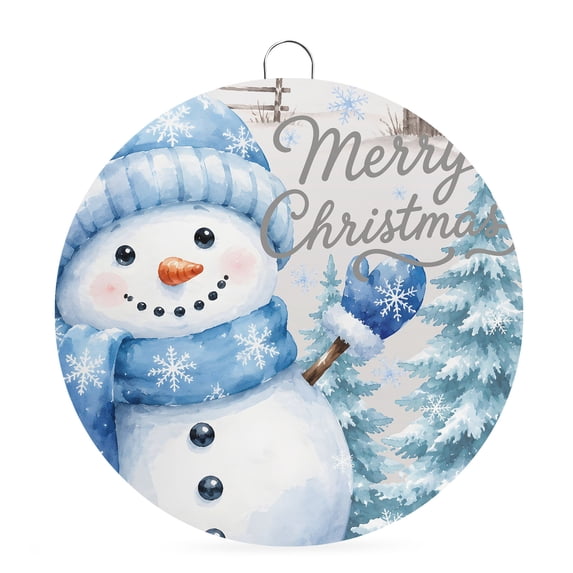 Welcome Sign for Front Door, Christmas Blue Snowman Round Metal Wall Art Wreaths, Winter Snowflakes Rustic Xmas Trees Outdoor Indoor Wall Hanging Sign for Porch Decor Housewarming Gifts 7.9 Inch